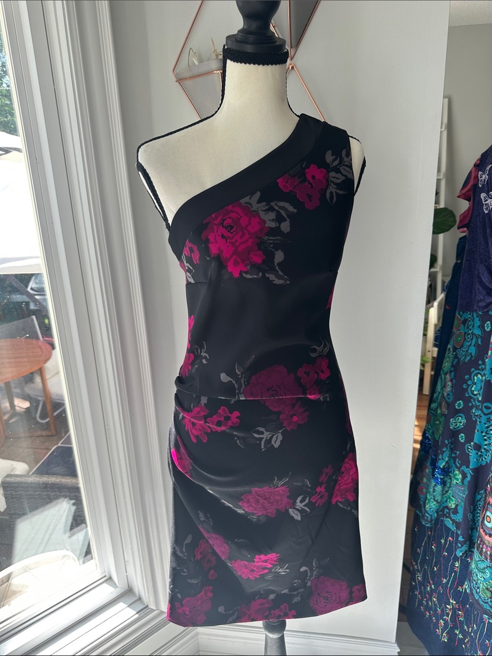 VINTAGE Y2K JACOB Black One-Shoulder Floral Dress Pink Satin Whimsigoth Sz Small